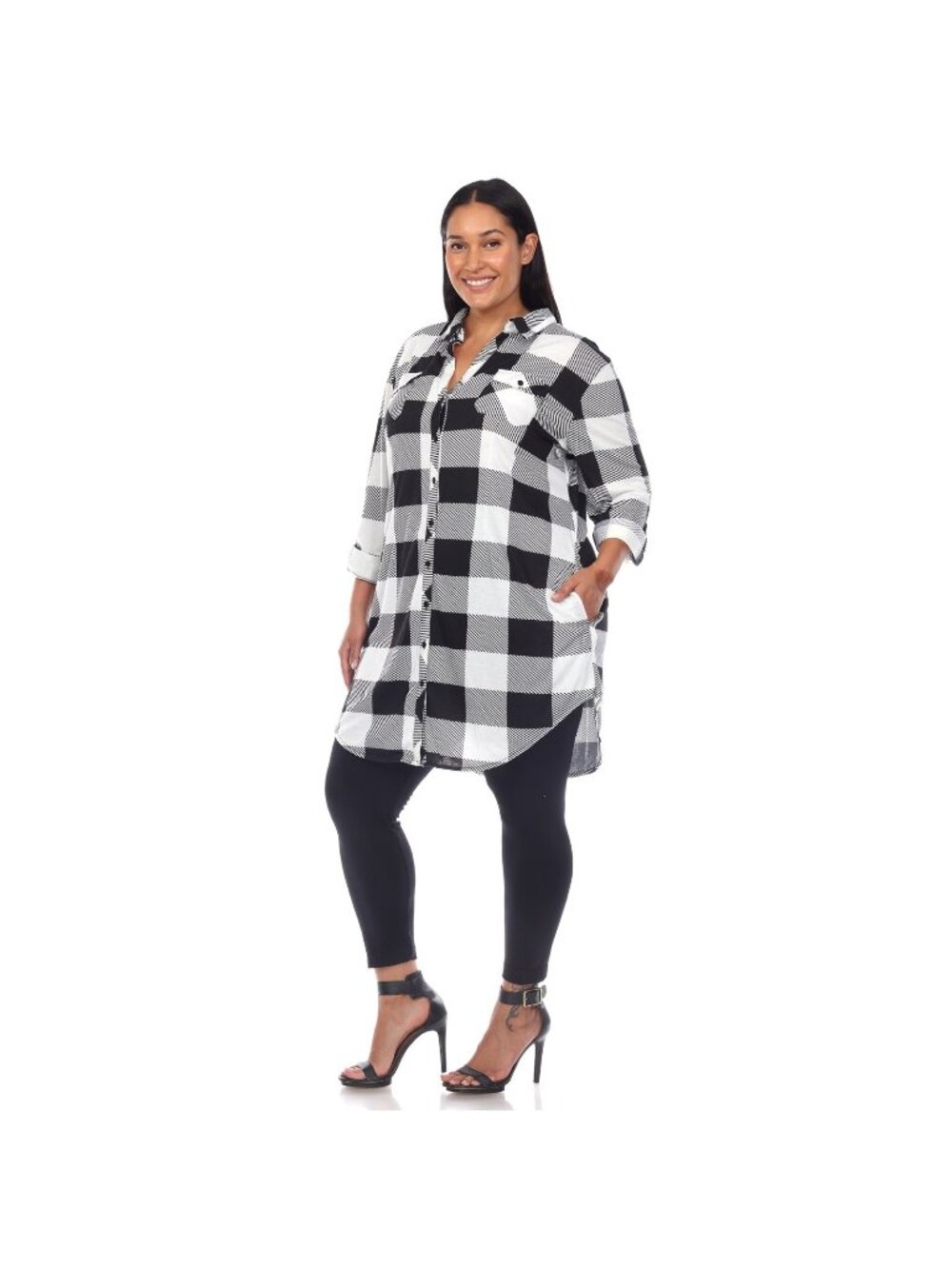 White Mark Women's Plus Size 3XL Plaid Button Tunic with Pockets Black White